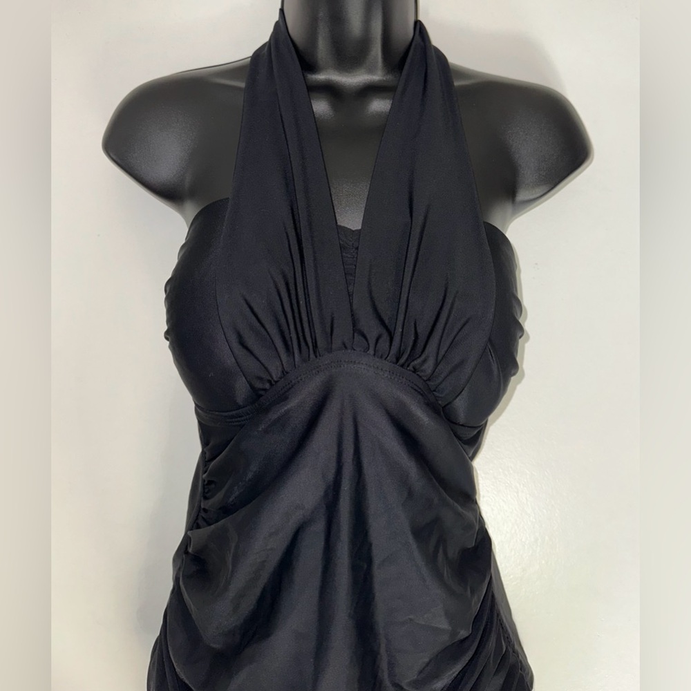 Merona | Black Tankini top with halter tie neck and ruched sides, size medium
